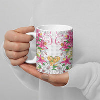 Hawaii Palaka Ceramic Mug White Tribal Pattern With Tropical Flowers - Polynesian Pride