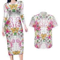 Hawaii Palaka Couples Matching Long Sleeve Bodycon Dress and Hawaiian Shirt White Tribal Pattern With Tropical Flowers - Polynesian Pride