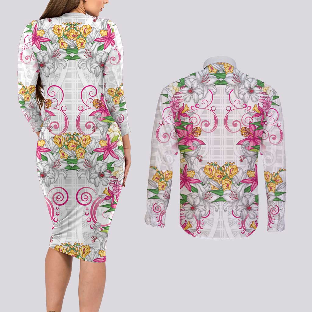 Hawaii Palaka Couples Matching Long Sleeve Bodycon Dress and Long Sleeve Button Shirt White Tribal Pattern With Tropical Flowers - Polynesian Pride