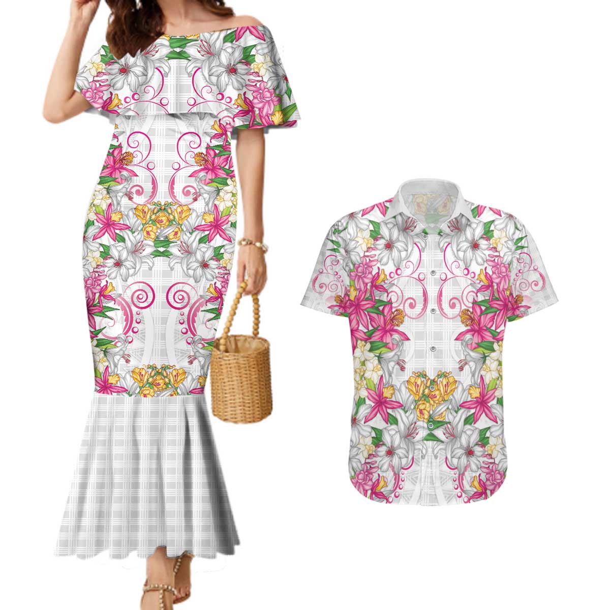 Hawaii Palaka Couples Matching Mermaid Dress and Hawaiian Shirt White Tribal Pattern With Tropical Flowers - Polynesian Pride