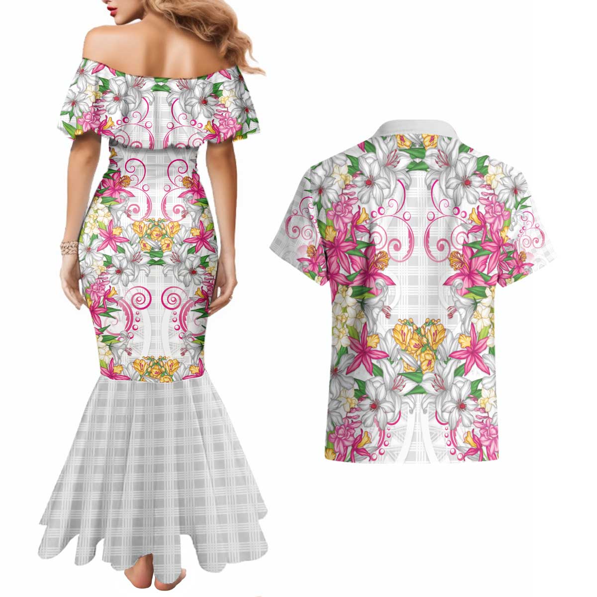 Hawaii Palaka Couples Matching Mermaid Dress and Hawaiian Shirt White Tribal Pattern With Tropical Flowers - Polynesian Pride