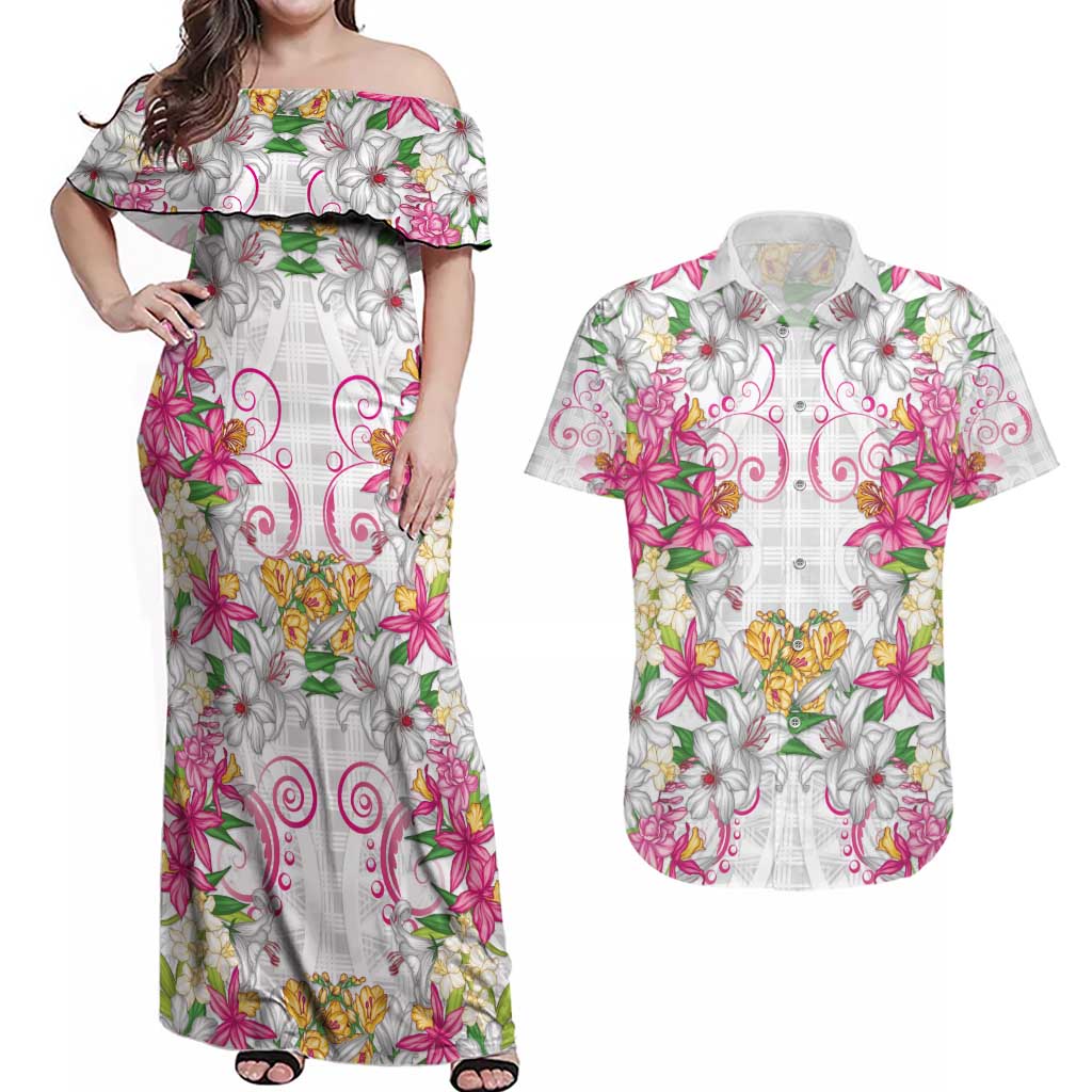 Hawaii Palaka Couples Matching Off Shoulder Maxi Dress and Hawaiian Shirt White Tribal Pattern With Tropical Flowers - Polynesian Pride