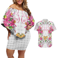 Hawaii Palaka Couples Matching Off Shoulder Short Dress and Hawaiian Shirt White Tribal Pattern With Tropical Flowers - Polynesian Pride
