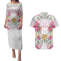 Hawaii Palaka Couples Matching Puletasi and Hawaiian Shirt White Tribal Pattern With Tropical Flowers - Polynesian Pride