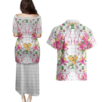Hawaii Palaka Couples Matching Puletasi and Hawaiian Shirt White Tribal Pattern With Tropical Flowers - Polynesian Pride