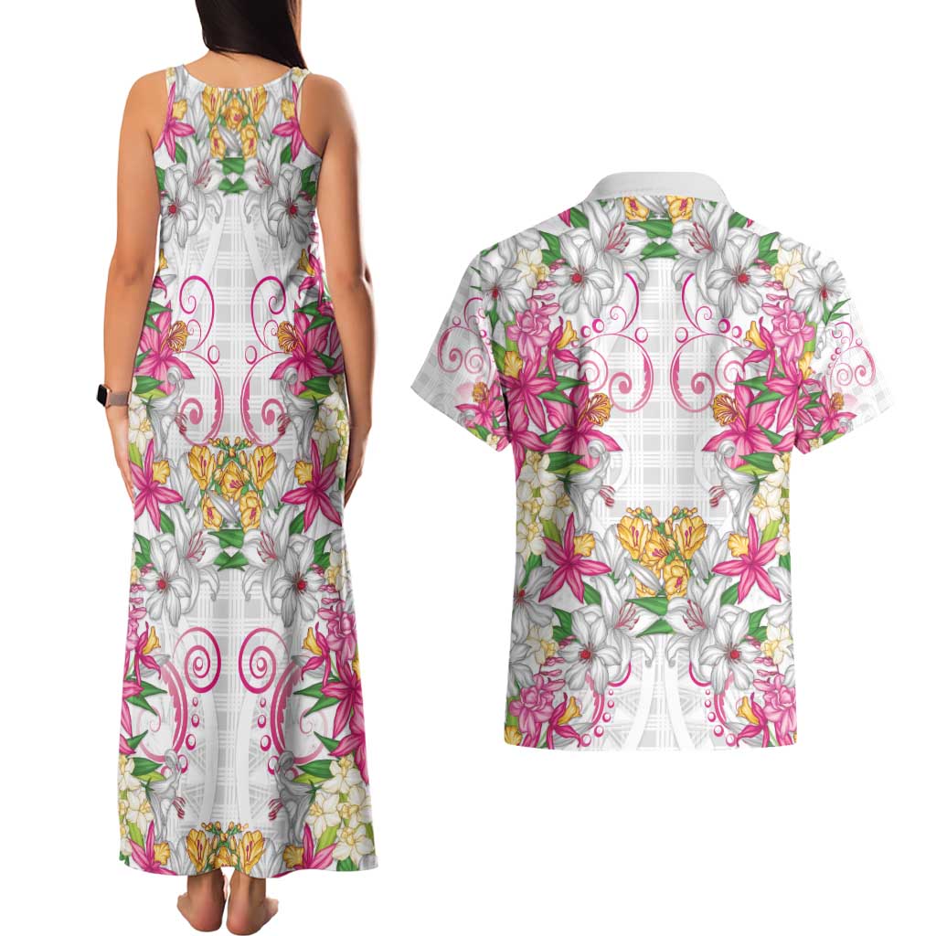 Hawaii Palaka Couples Matching Tank Maxi Dress and Hawaiian Shirt White Tribal Pattern With Tropical Flowers - Polynesian Pride