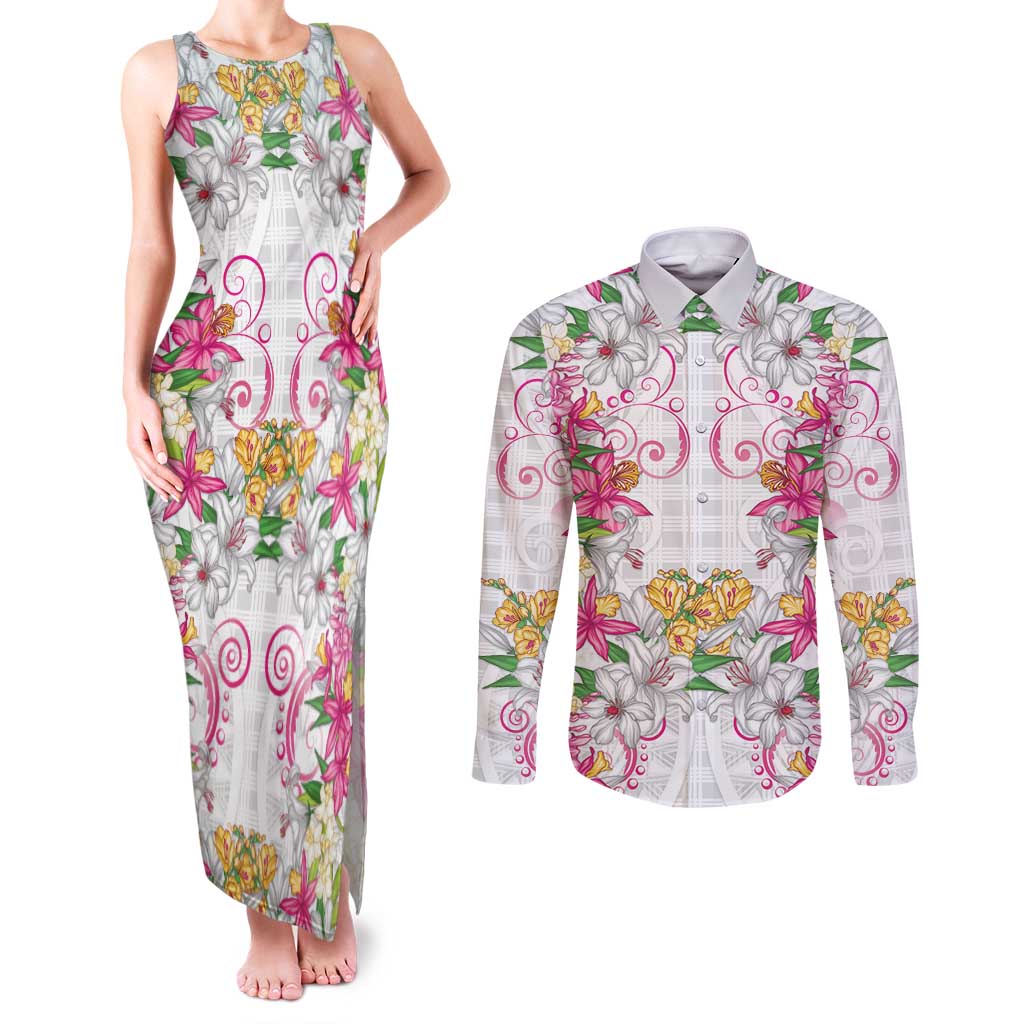 Hawaii Palaka Couples Matching Tank Maxi Dress and Long Sleeve Button Shirt White Tribal Pattern With Tropical Flowers - Polynesian Pride