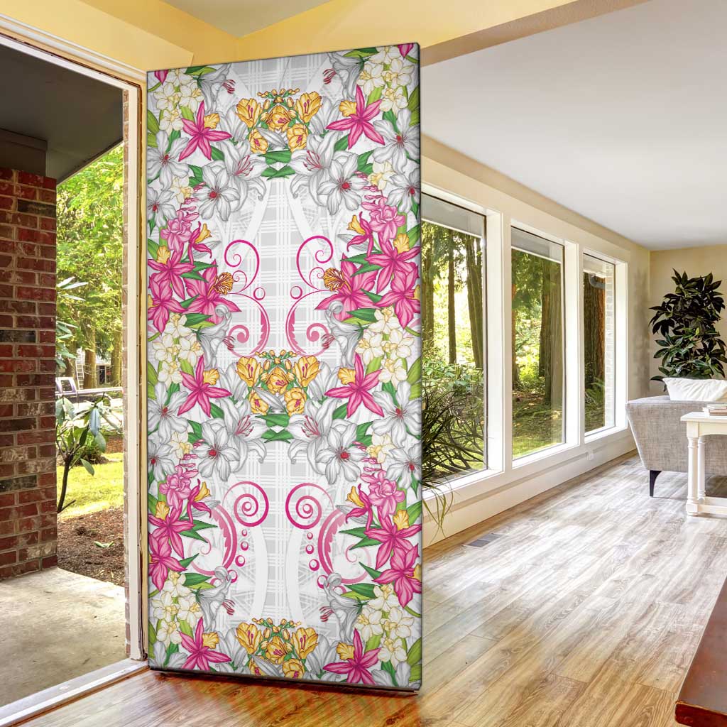 Hawaii Palaka Door Cover White Tribal Pattern With Tropical Flowers - Polynesian Pride
