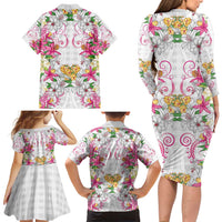 Hawaii Palaka Family Matching Long Sleeve Bodycon Dress and Hawaiian Shirt White Tribal Pattern With Tropical Flowers - Polynesian Pride