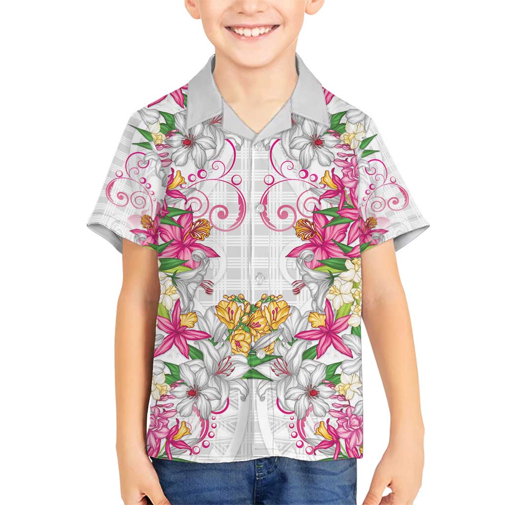 Hawaii Palaka Family Matching Long Sleeve Bodycon Dress and Hawaiian Shirt White Tribal Pattern With Tropical Flowers - Polynesian Pride