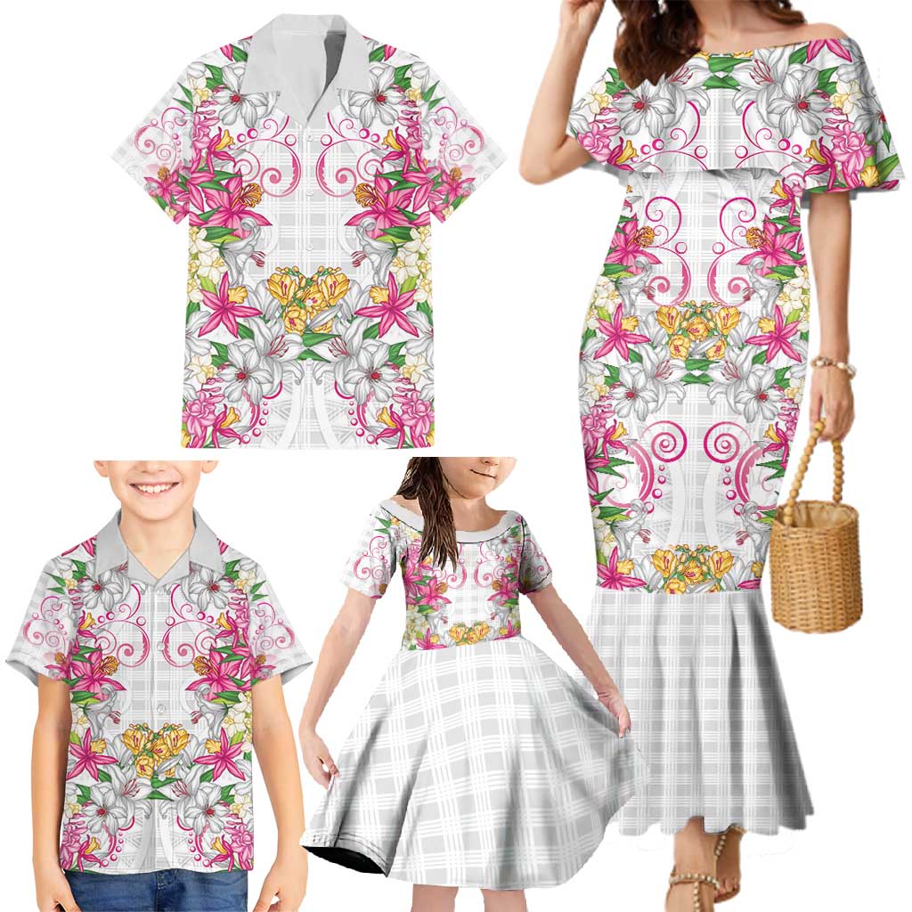 Hawaii Palaka Family Matching Mermaid Dress and Hawaiian Shirt White Tribal Pattern With Tropical Flowers - Polynesian Pride