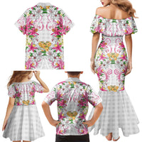 Hawaii Palaka Family Matching Mermaid Dress and Hawaiian Shirt White Tribal Pattern With Tropical Flowers - Polynesian Pride