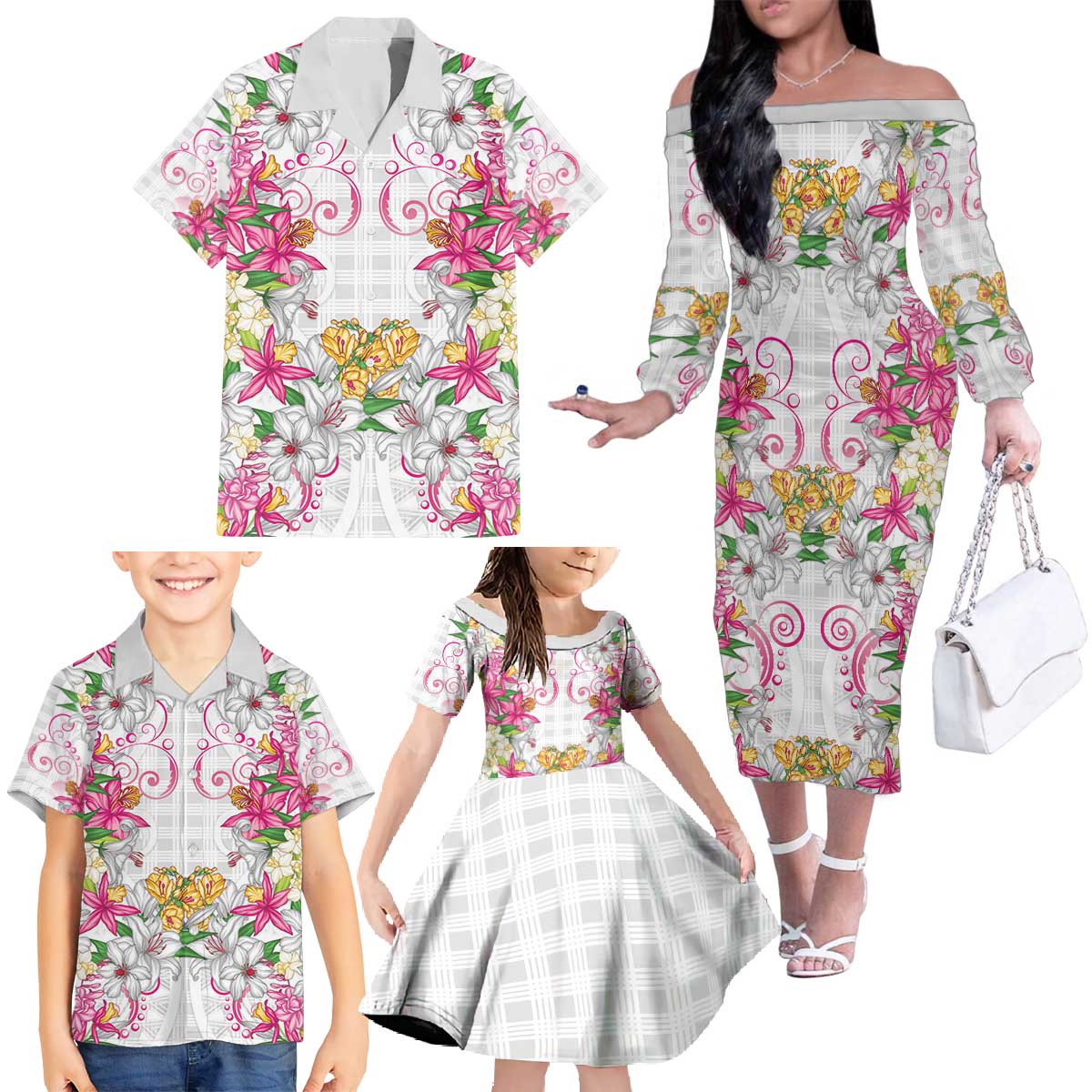 Hawaii Palaka Family Matching Off The Shoulder Long Sleeve Dress and Hawaiian Shirt White Tribal Pattern With Tropical Flowers - Polynesian Pride