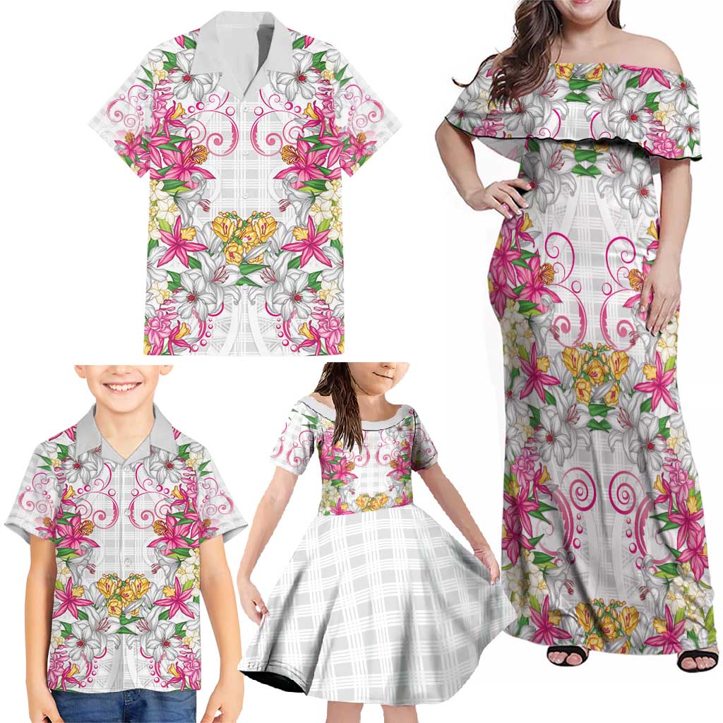 Hawaii Palaka Family Matching Off Shoulder Maxi Dress and Hawaiian Shirt White Tribal Pattern With Tropical Flowers - Polynesian Pride