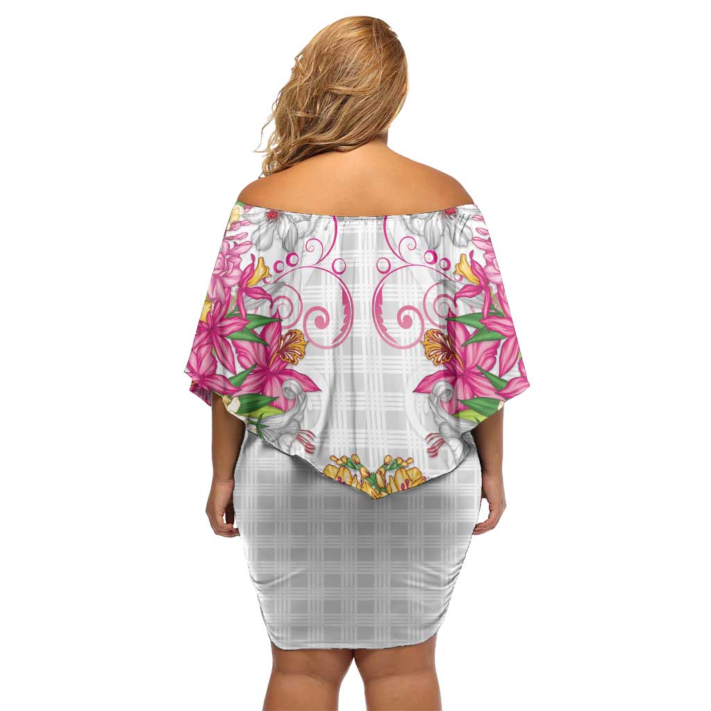 Hawaii Palaka Family Matching Off Shoulder Short Dress and Hawaiian Shirt White Tribal Pattern With Tropical Flowers - Polynesian Pride