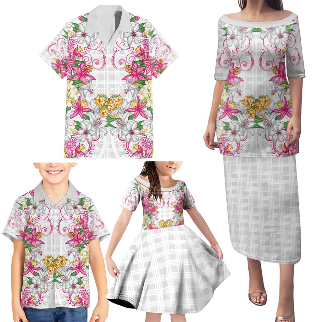 Hawaii Palaka Family Matching Puletasi and Hawaiian Shirt White Tribal Pattern With Tropical Flowers - Polynesian Pride