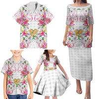 Hawaii Palaka Family Matching Puletasi and Hawaiian Shirt White Tribal Pattern With Tropical Flowers - Polynesian Pride