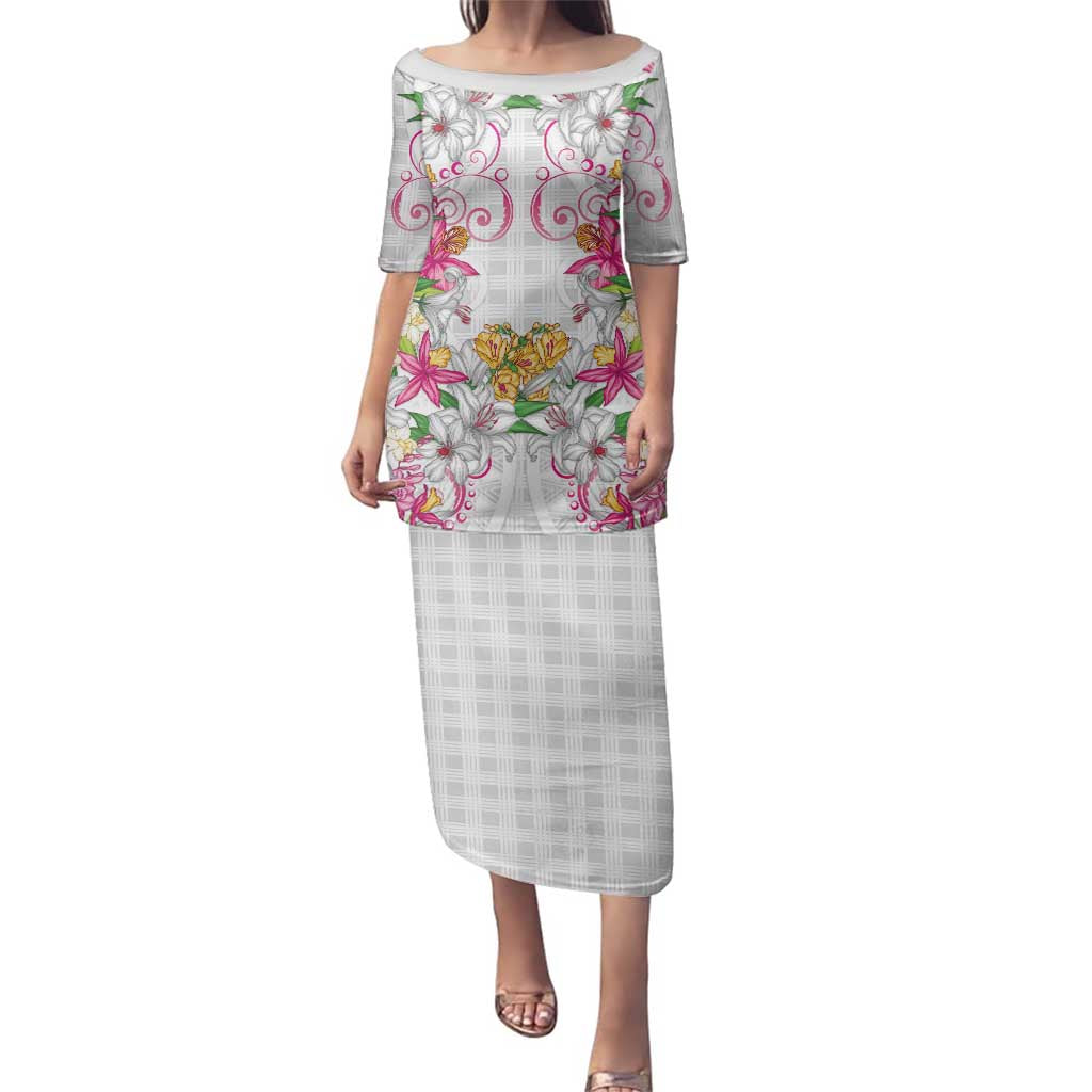 Hawaii Palaka Family Matching Puletasi and Hawaiian Shirt White Tribal Pattern With Tropical Flowers - Polynesian Pride