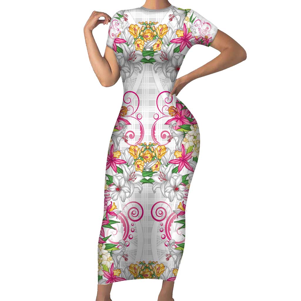 Hawaii Palaka Family Matching Short Sleeve Bodycon Dress and Hawaiian Shirt White Tribal Pattern With Tropical Flowers - Polynesian Pride