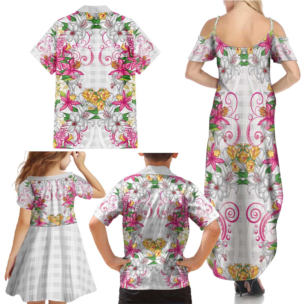 Hawaii Palaka Family Matching Summer Maxi Dress and Hawaiian Shirt White Tribal Pattern With Tropical Flowers - Polynesian Pride