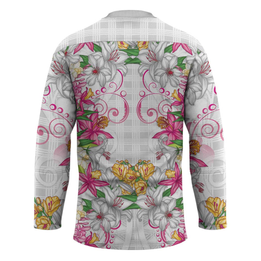 Hawaii Palaka Hockey Jersey White Tribal Pattern With Tropical Flowers - Polynesian Pride