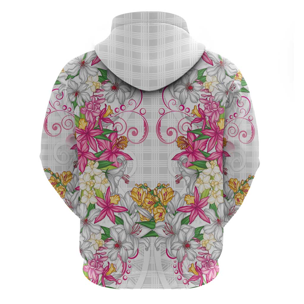 Hawaii Palaka Hoodie White Tribal Pattern With Tropical Flowers - Polynesian Pride