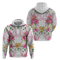 Hawaii Palaka Hoodie White Tribal Pattern With Tropical Flowers - Polynesian Pride
