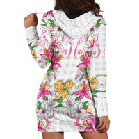 Hawaii Palaka Hoodie Dress White Tribal Pattern With Tropical Flowers - Polynesian Pride