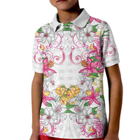 Hawaii Palaka Kid Polo Shirt White Tribal Pattern With Tropical Flowers - Polynesian Pride