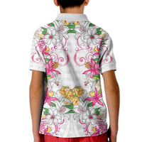 Hawaii Palaka Kid Polo Shirt White Tribal Pattern With Tropical Flowers - Polynesian Pride