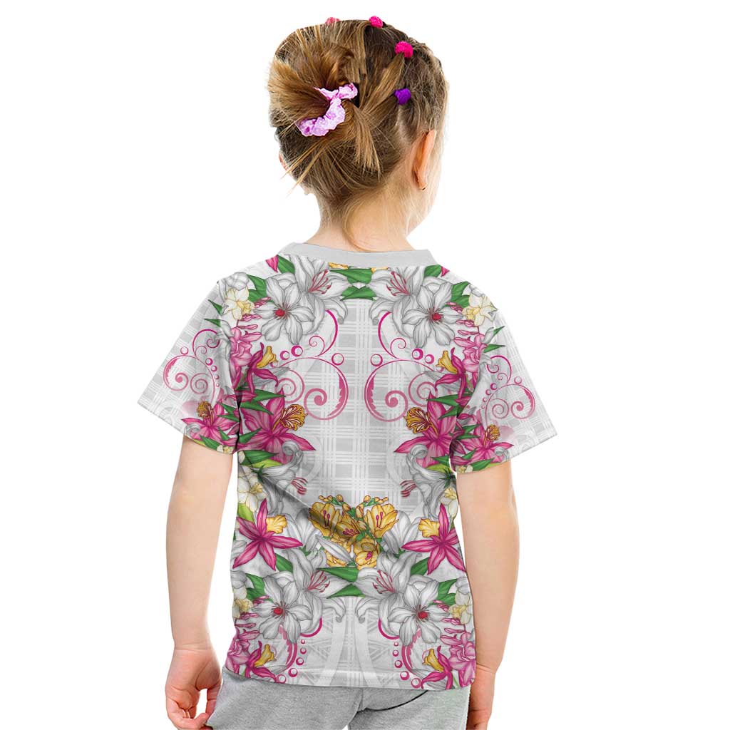 Hawaii Palaka Kid T Shirt White Tribal Pattern With Tropical Flowers - Polynesian Pride
