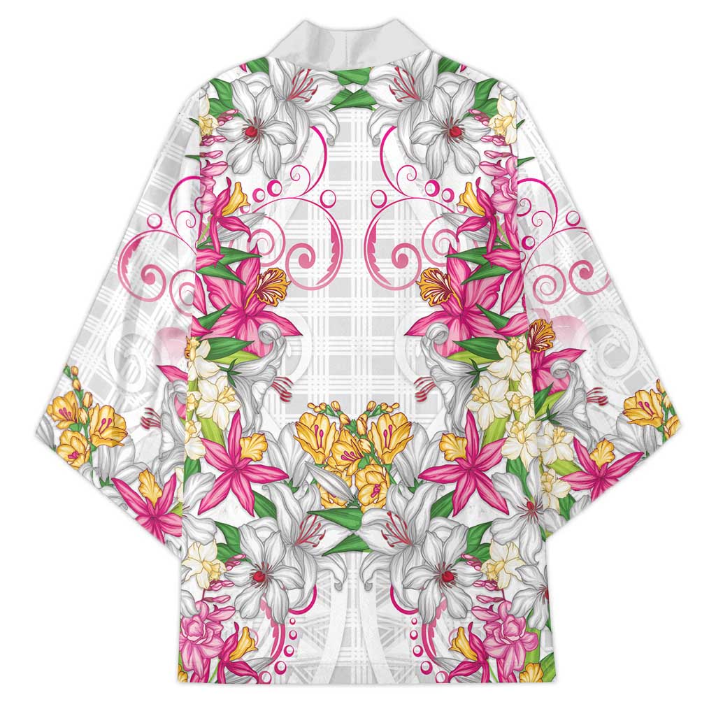 Hawaii Palaka Kimono White Tribal Pattern With Tropical Flowers - Polynesian Pride