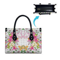 Hawaii Palaka Leather Bag White Tribal Pattern With Tropical Flowers - Polynesian Pride