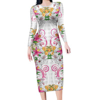 Hawaii Palaka Long Sleeve Bodycon Dress White Tribal Pattern With Tropical Flowers - Polynesian Pride