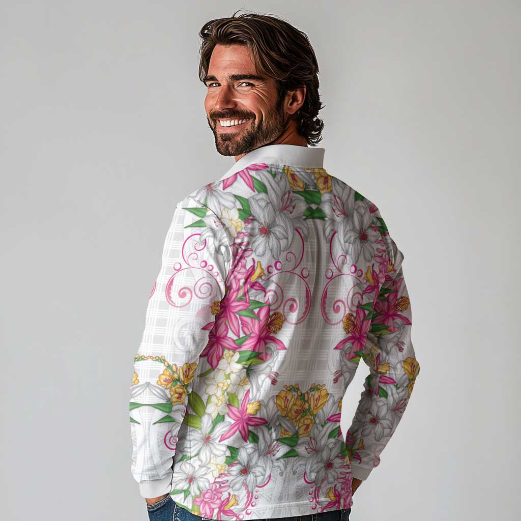 Hawaii Palaka Long Sleeve Polo Shirt White Tribal Pattern With Tropical Flowers - Polynesian Pride