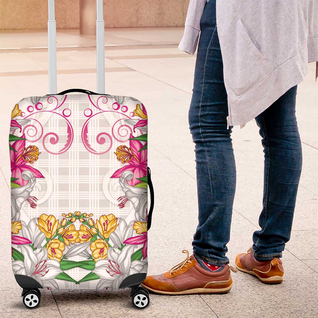 Hawaii Palaka Luggage Cover White Tribal Pattern With Tropical Flowers - Polynesian Pride