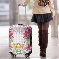 Hawaii Palaka Luggage Cover White Tribal Pattern With Tropical Flowers - Polynesian Pride