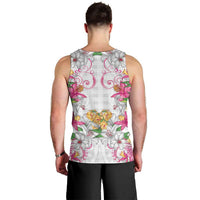 Hawaii Palaka Men Tank Top White Tribal Pattern With Tropical Flowers - Polynesian Pride