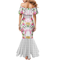 Hawaii Palaka Mermaid Dress White Tribal Pattern With Tropical Flowers - Polynesian Pride