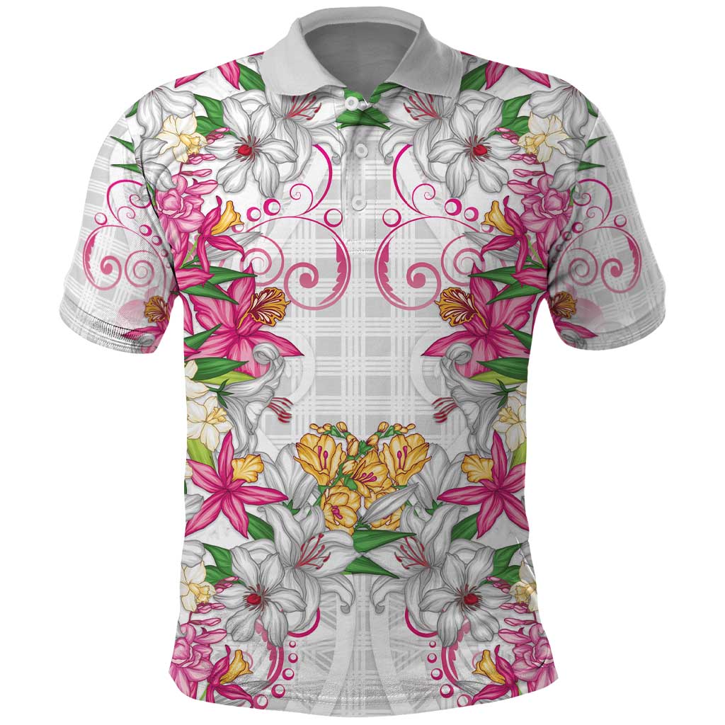 Hawaii Palaka Polo Shirt White Tribal Pattern With Tropical Flowers - Polynesian Pride