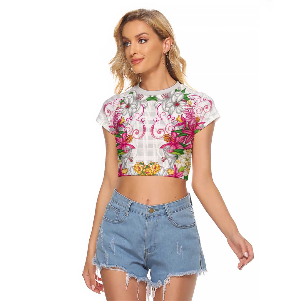 Hawaii Palaka Raglan Cropped T Shirt White Tribal Pattern With Tropical Flowers - Polynesian Pride