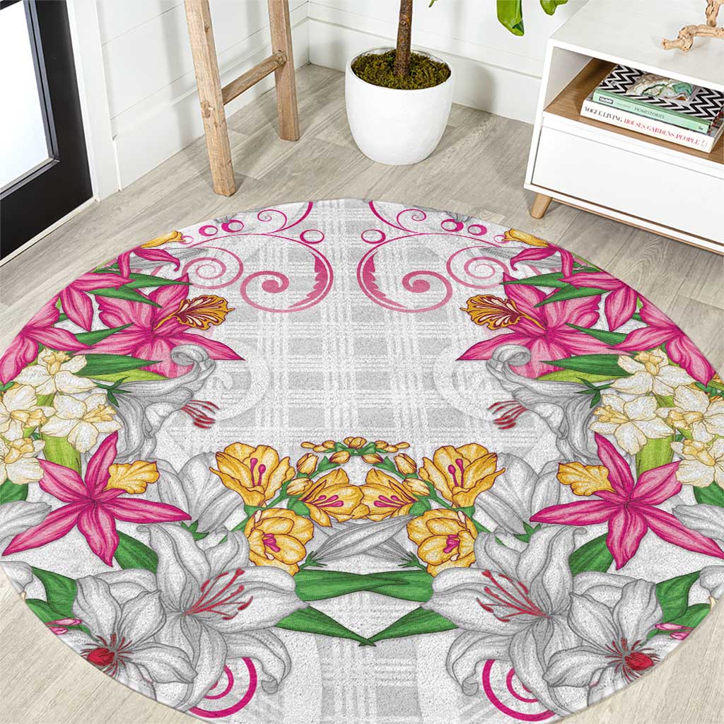 Hawaii Palaka Round Carpet White Tribal Pattern With Tropical Flowers - Polynesian Pride