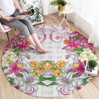 Hawaii Palaka Round Carpet White Tribal Pattern With Tropical Flowers - Polynesian Pride