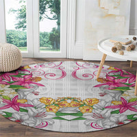 Hawaii Palaka Round Carpet White Tribal Pattern With Tropical Flowers - Polynesian Pride