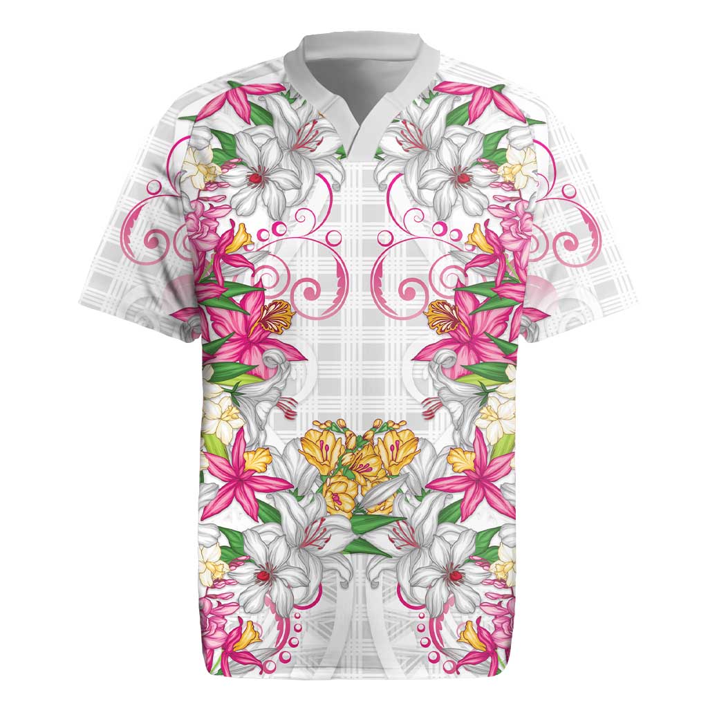 Hawaii Palaka Rugby Jersey White Tribal Pattern With Tropical Flowers - Polynesian Pride