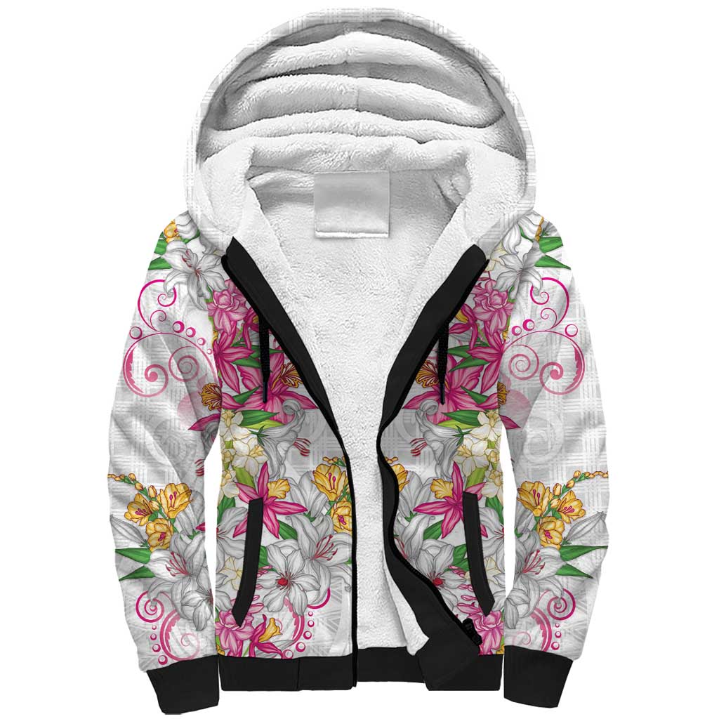 Hawaii Palaka Sherpa Hoodie White Tribal Pattern With Tropical Flowers - Polynesian Pride