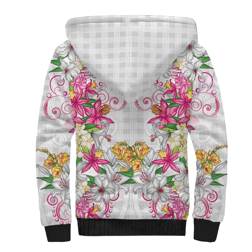Hawaii Palaka Sherpa Hoodie White Tribal Pattern With Tropical Flowers - Polynesian Pride
