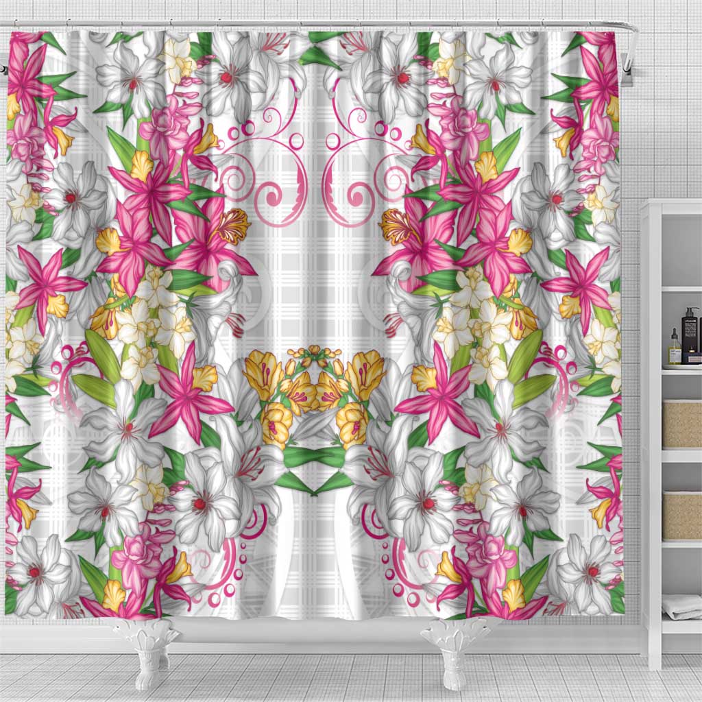 Hawaii Palaka Shower Curtain White Tribal Pattern With Tropical Flowers - Polynesian Pride