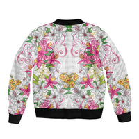 Hawaii Palaka Sleeve Zip Bomber Jacket White Tribal Pattern With Tropical Flowers - Polynesian Pride