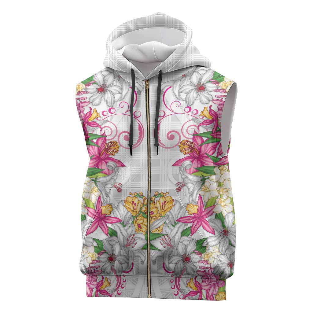 Hawaii Palaka Sleeveless Zip Hoodie White Tribal Pattern With Tropical Flowers - Polynesian Pride